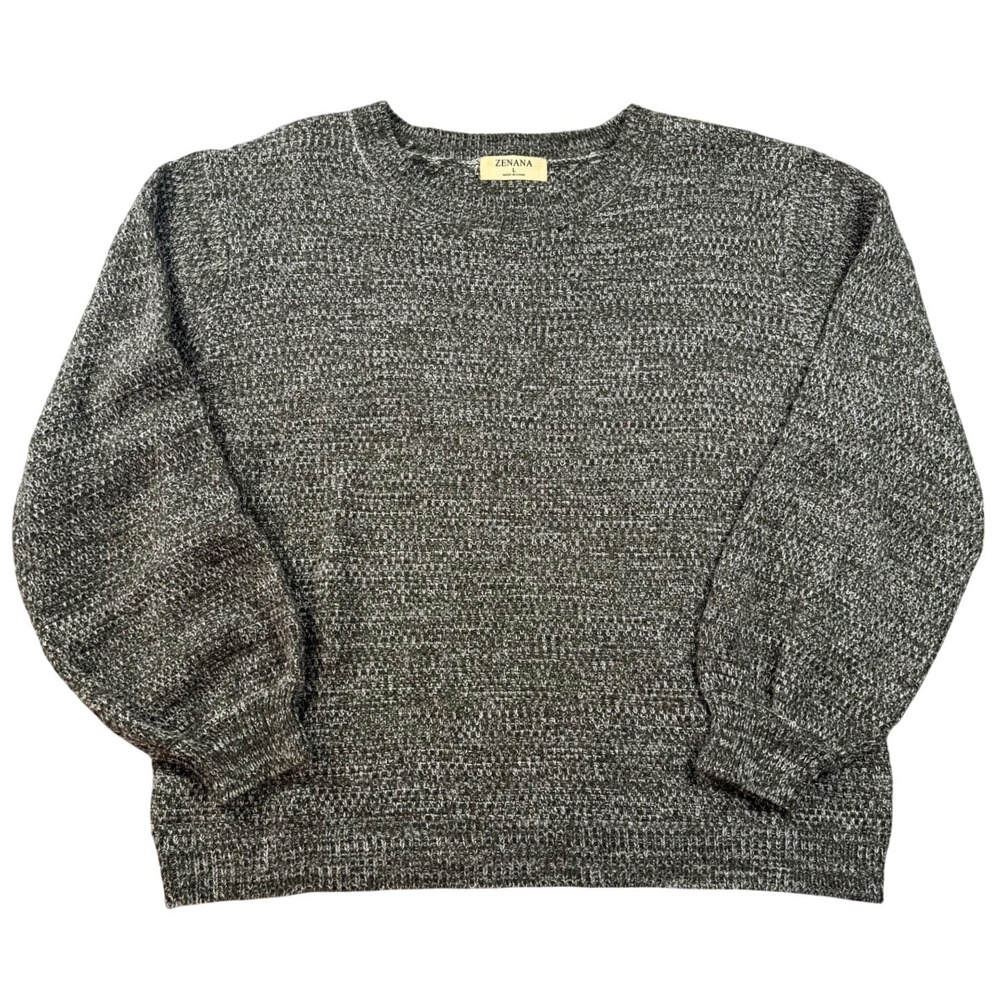 Zenana Womens Olive Green Marled Textured Knit Balloon Sleeve Sweater Large